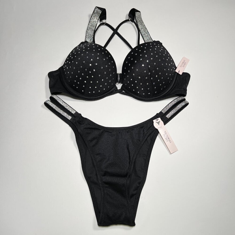 Victoria Secret 34C M Bombshell Push Up Bikini Top Set Glam Shine Strap Black - Picture 2 of 12